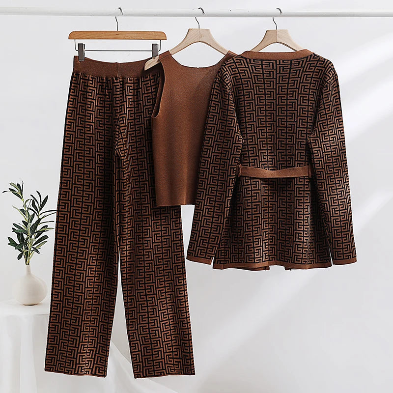 Geometric Knit Matching Set: Cardigan, Pants, and Tank Top Outfit | Chuzko.com