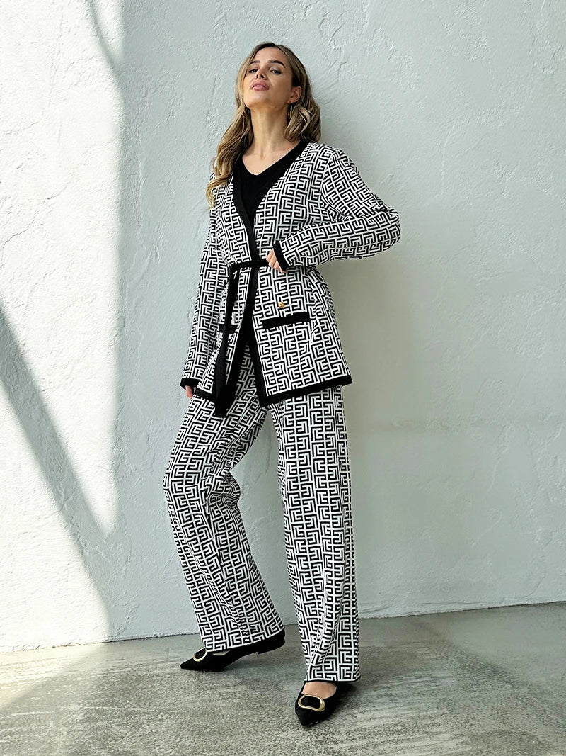 Geometric Knit Matching Set: Cardigan, Pants, and Tank Top Outfit | Chuzko.com