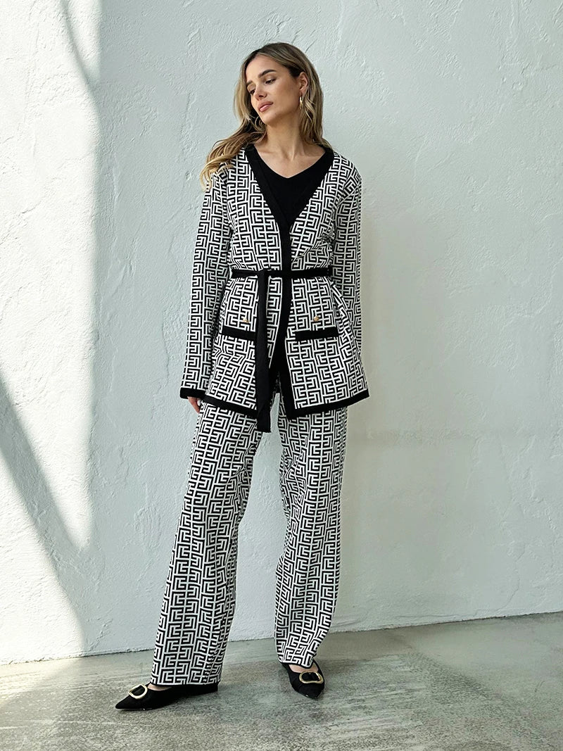 Geometric Knit Matching Set: Cardigan, Pants, and Tank Top Outfit | Chuzko.com