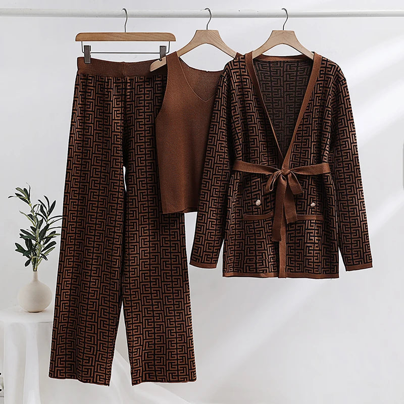 Geometric Knit Matching Set: Cardigan, Pants, and Tank Top Outfit | Chuzko.com