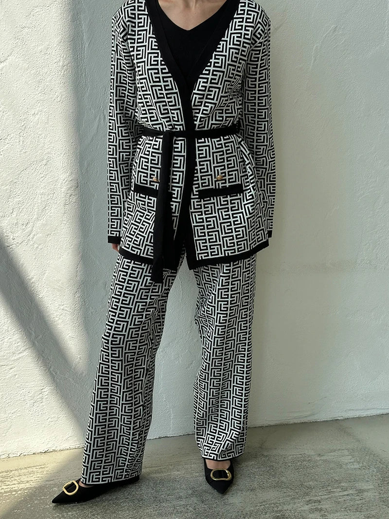 Geometric Knit Matching Set: Cardigan, Pants, and Tank Top Outfit | Chuzko.com