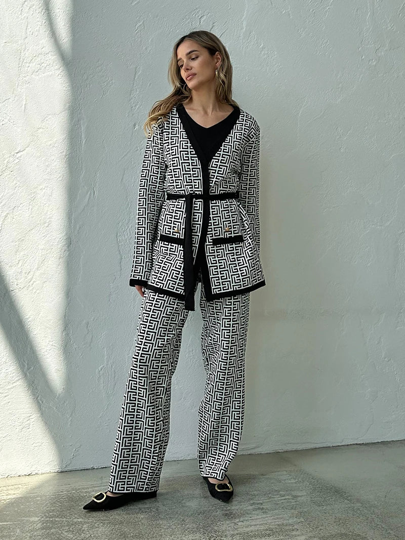 Geometric Knit Matching Set: Cardigan, Pants, and Tank Top Outfit | Chuzko.com