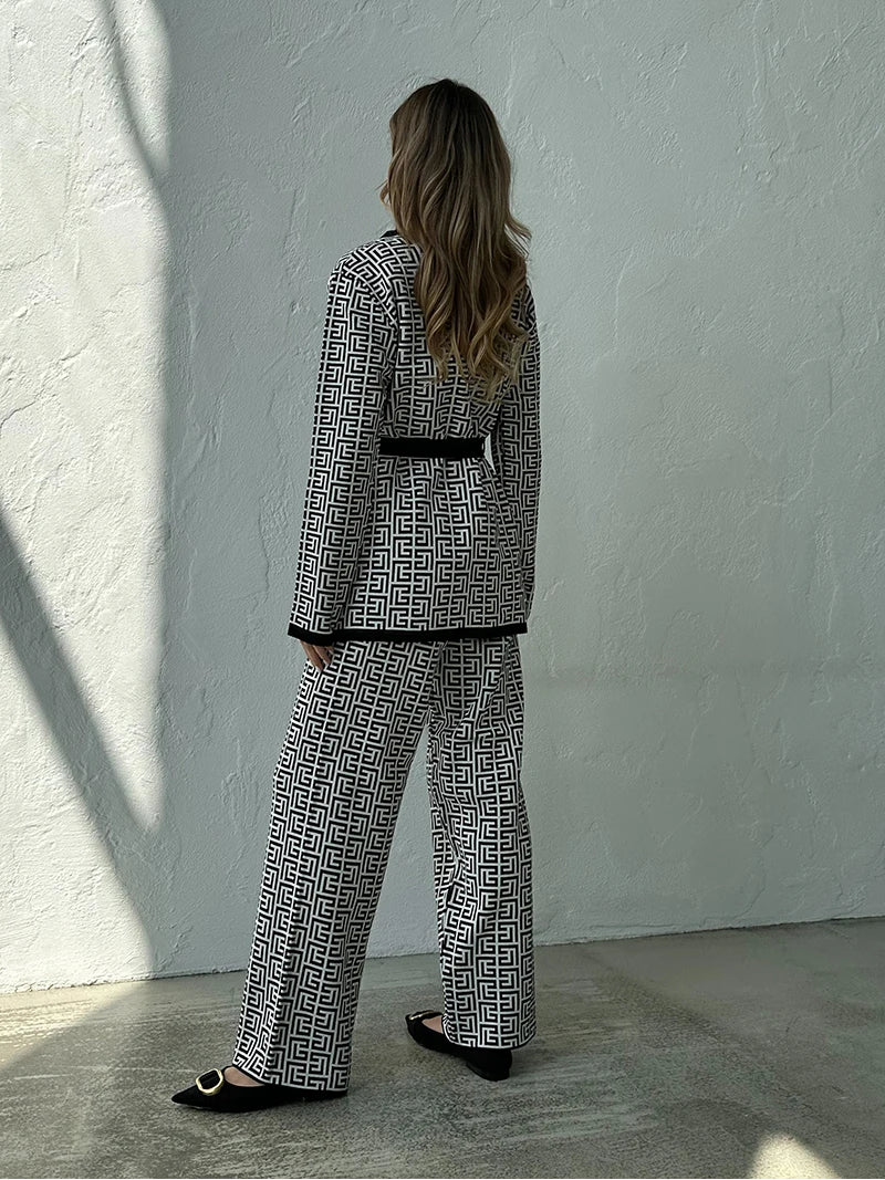 Geometric Knit Matching Set: Cardigan, Pants, and Tank Top Outfit | Chuzko.com