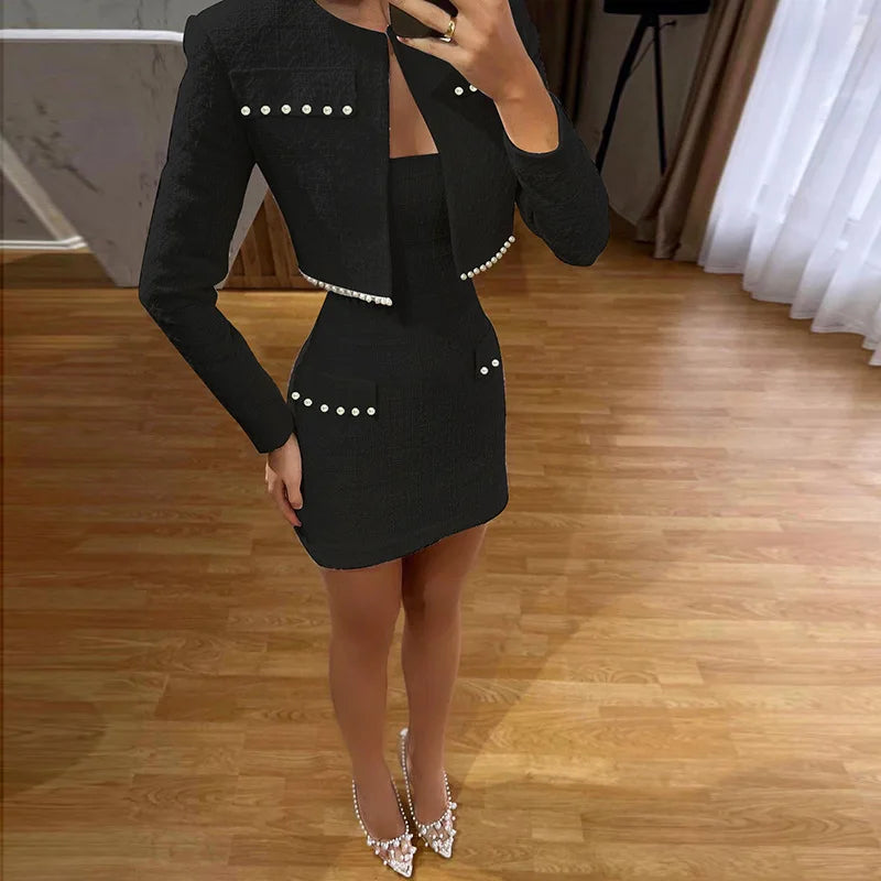 Mini Strapless Bodycon + Crop Blazer Matching Set Outfit - | Chuzko.com