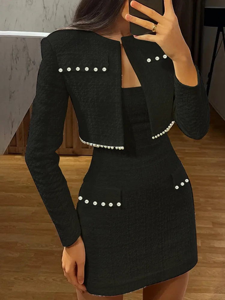 Mini Strapless Bodycon + Crop Blazer Matching Set Outfit - | Chuzko.com