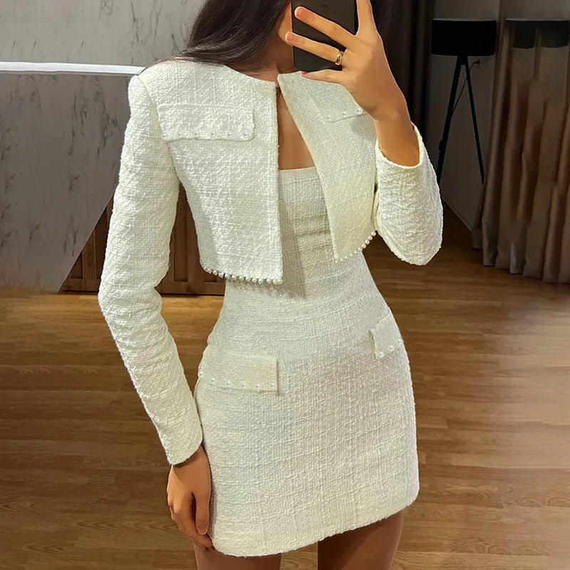 Mini Strapless Bodycon + Crop Blazer Matching Set Outfit - | Chuzko.com