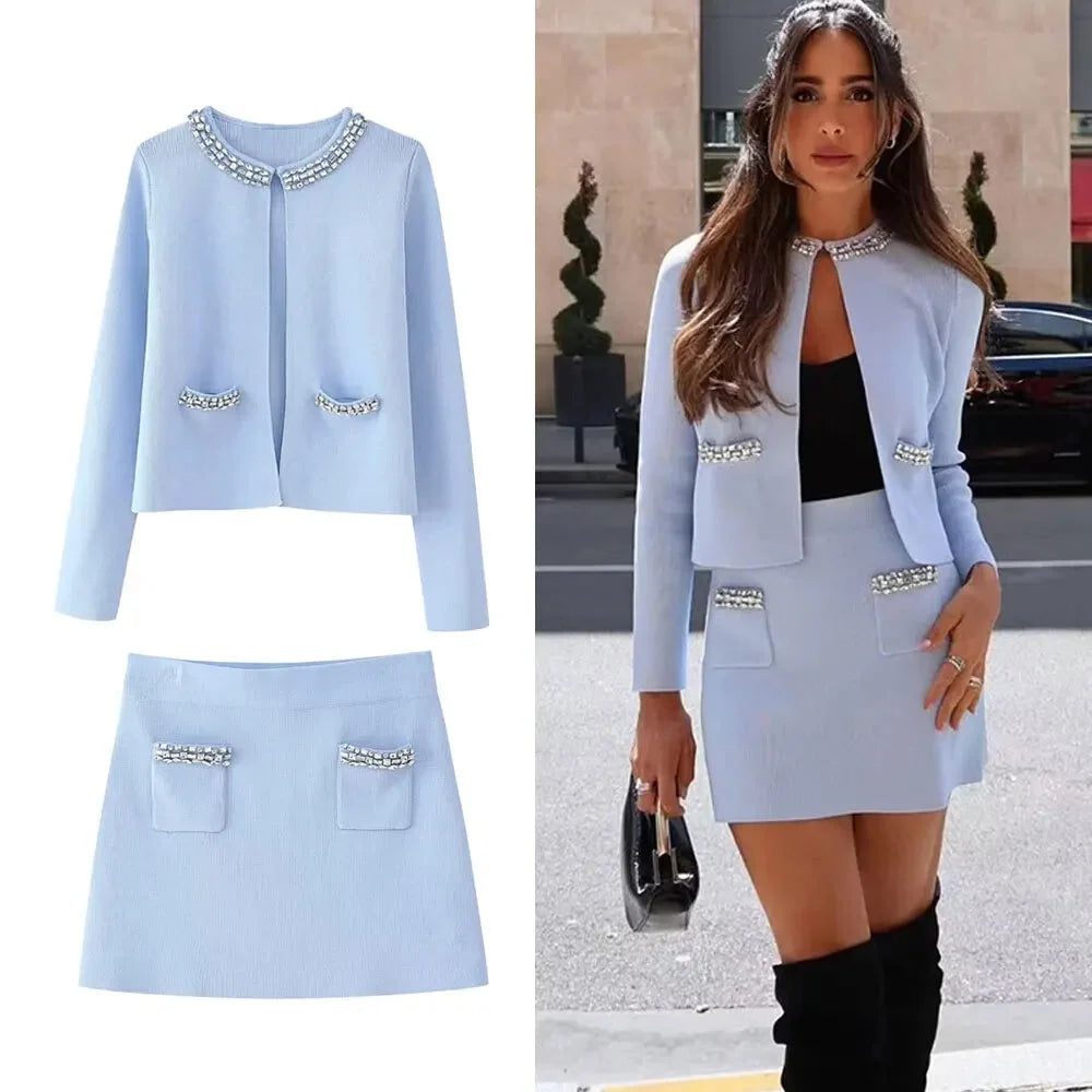 Diamonds Trims Sweater + Mini Skirts Knit Matching Outfit Set | Chuzko.com