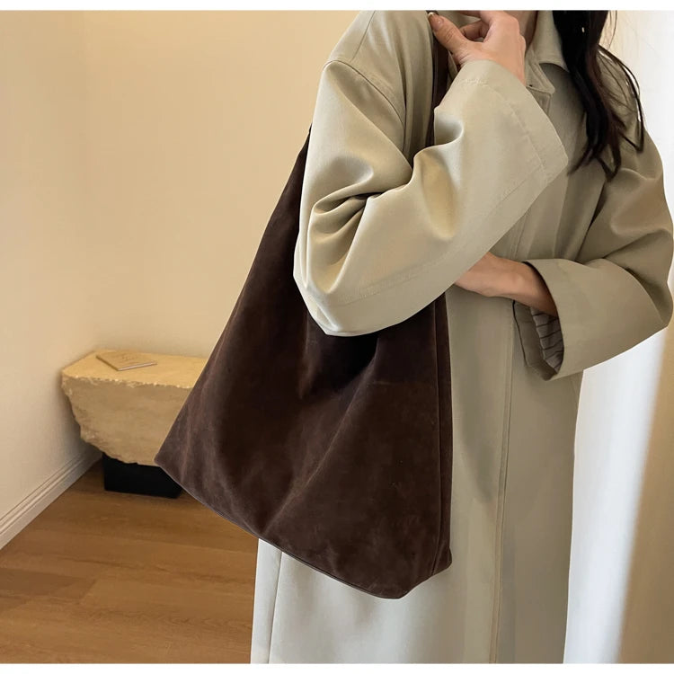 Suede Shoulder Bag Solid Color Simple Casual Commuter Bag | Chuzko.com