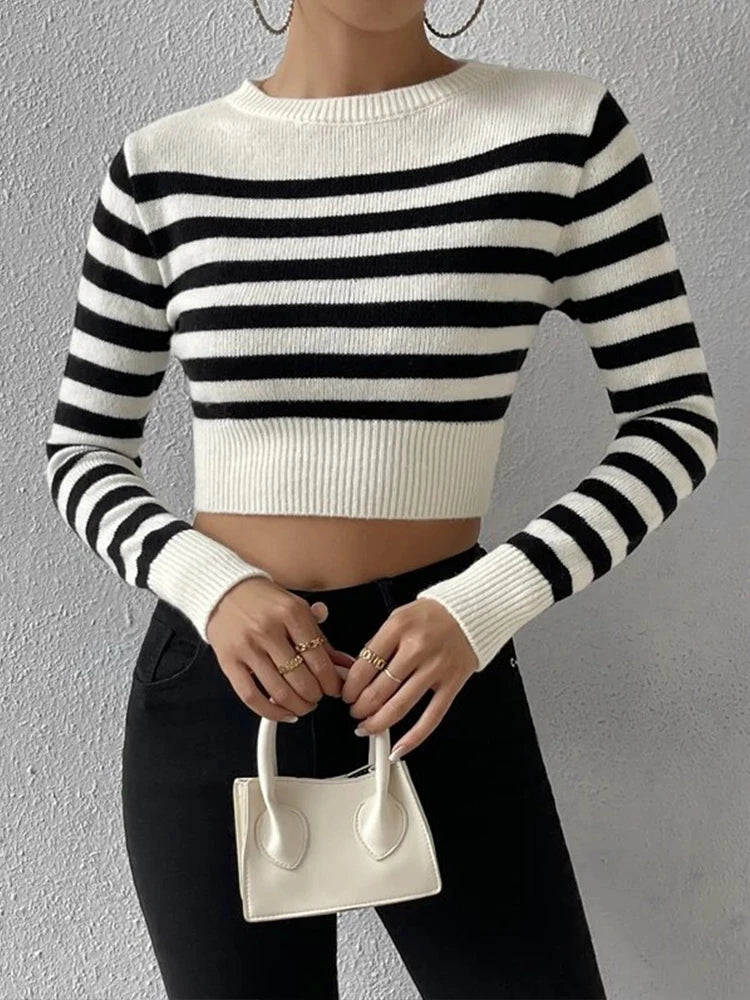 Sailor Striped Basic Crop Sweaters – Slim Fit Pullover Sweaters | Chuzko.com