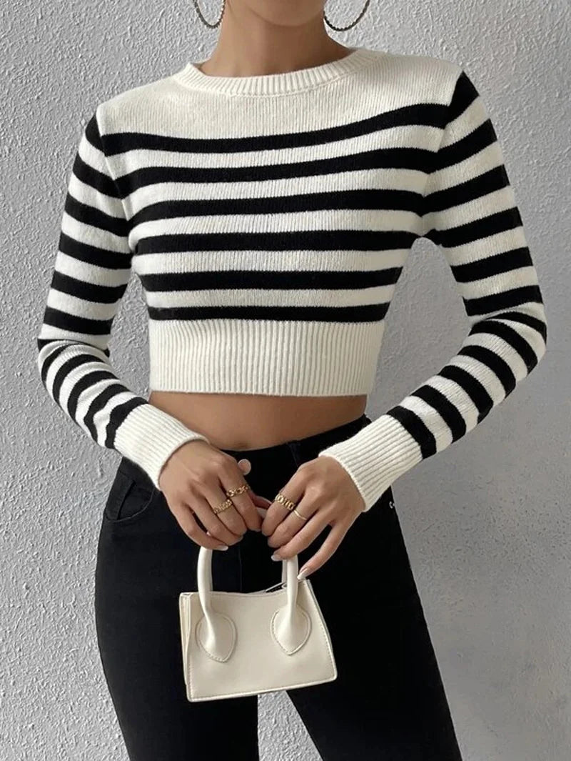 Sailor Striped Basic Crop Sweaters – Slim Fit Pullover Sweaters | Chuzko.com