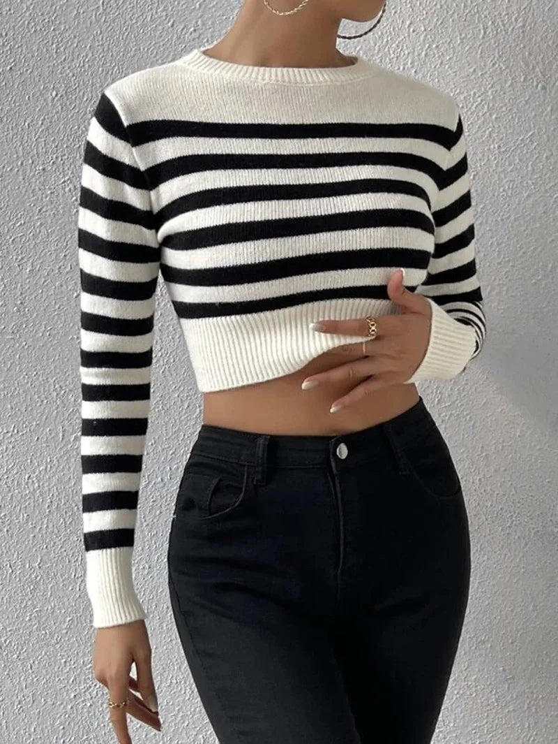 Sailor Striped Basic Crop Sweaters – Slim Fit Pullover Sweaters | Chuzko.com