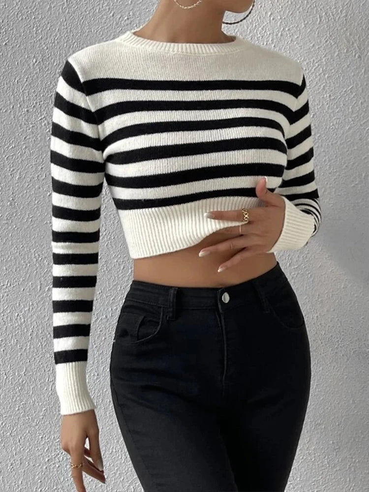 Sailor Striped Basic Crop Sweaters – Slim Fit Pullover Sweaters | Chuzko.com