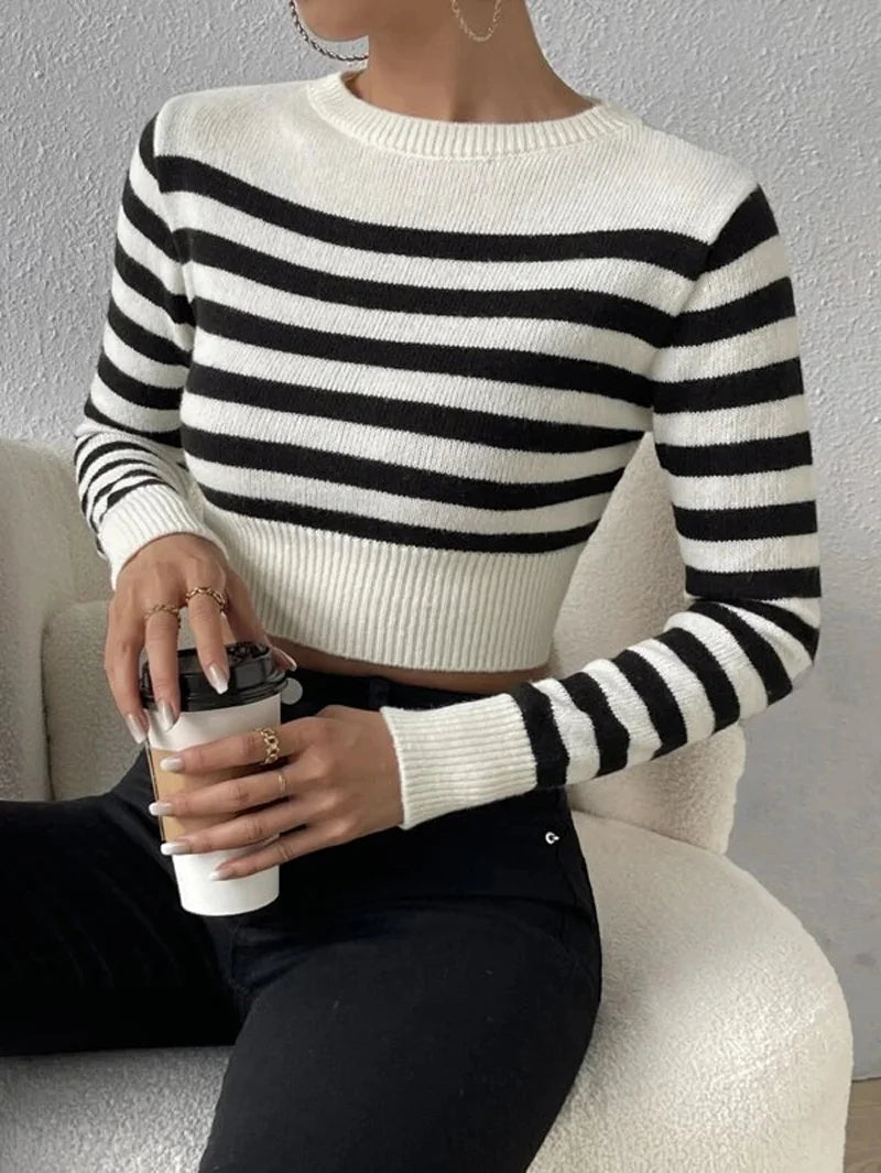 Sailor Striped Basic Crop Sweaters – Slim Fit Pullover Sweaters | Chuzko.com