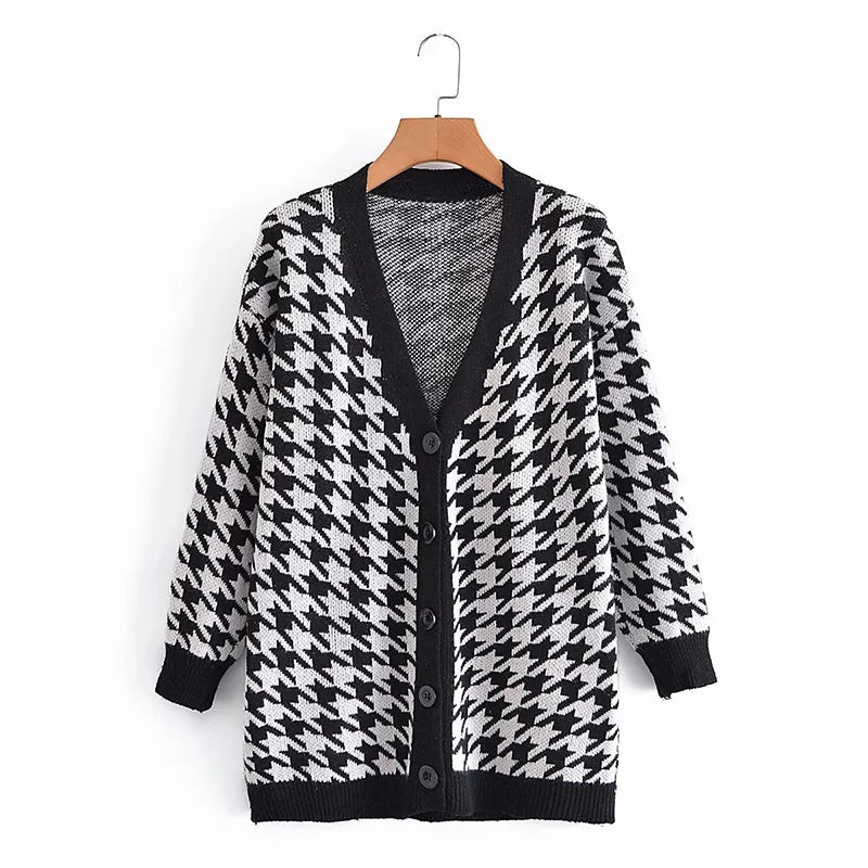 Houndstooth & Trim Casual Grandpa Cardigan Cardigans | Chuzko.com