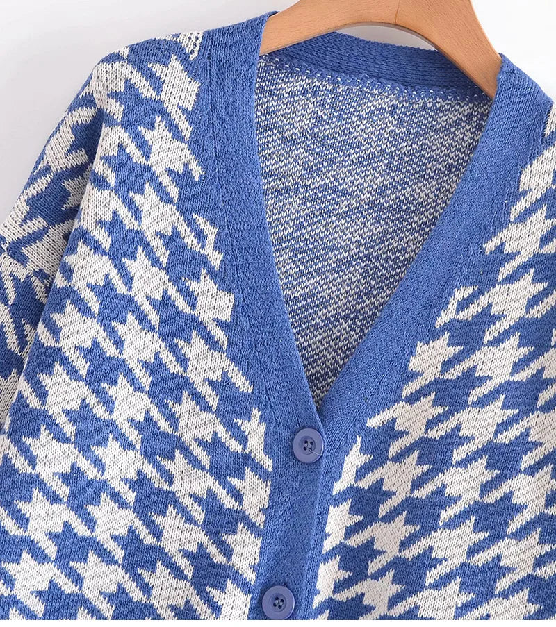 Houndstooth & Trim Casual Grandpa Cardigan Cardigans | Chuzko.com