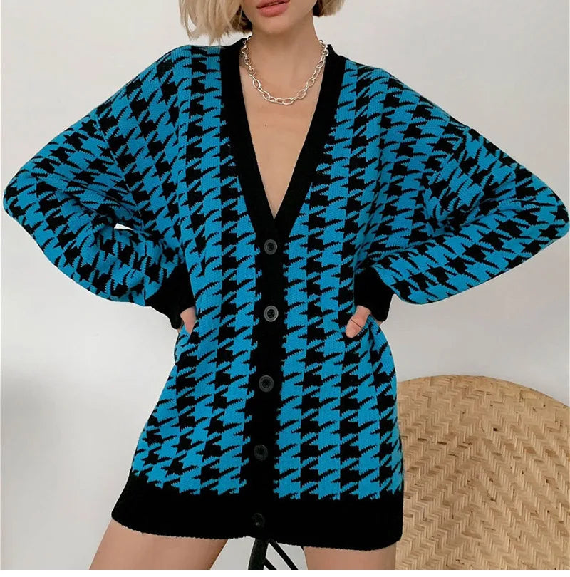 Houndstooth & Trim Casual Grandpa Cardigan Cardigans | Chuzko.com