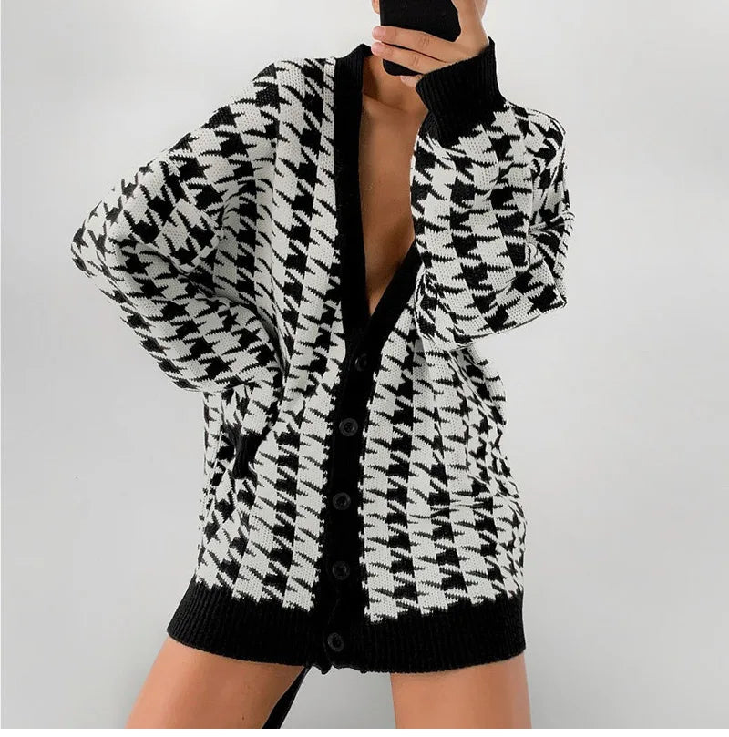 Houndstooth & Trim Casual Grandpa Cardigan Cardigans | Chuzko.com