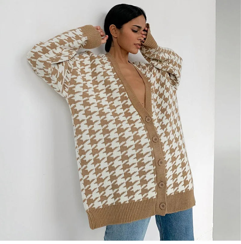 Houndstooth & Trim Casual Grandpa Cardigan Cardigans | Chuzko.com