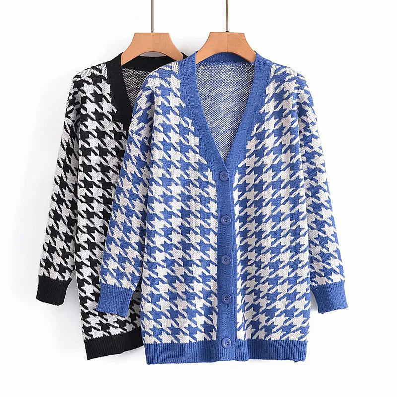 Houndstooth & Trim Casual Grandpa Cardigan Cardigans | Chuzko.com