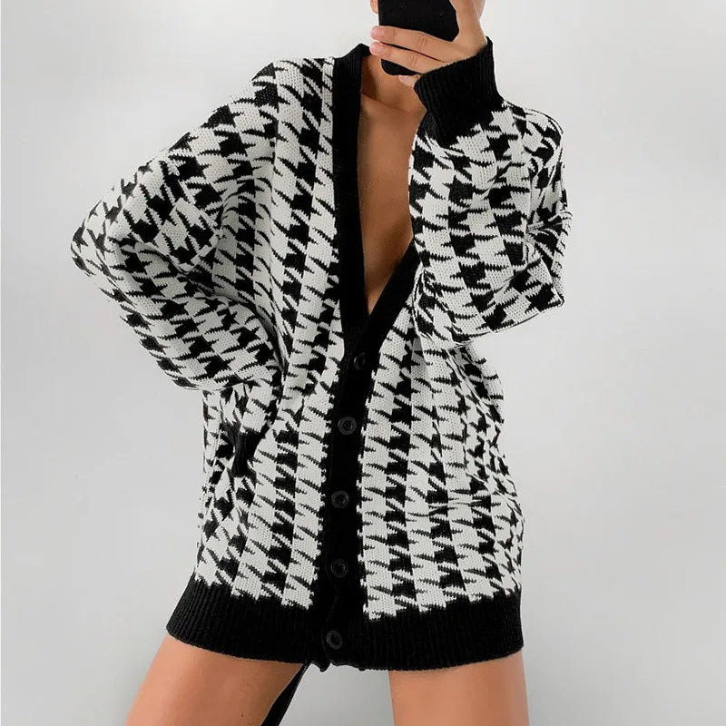 Houndstooth & Trim Casual Grandpa Cardigan Cardigans | Chuzko.com