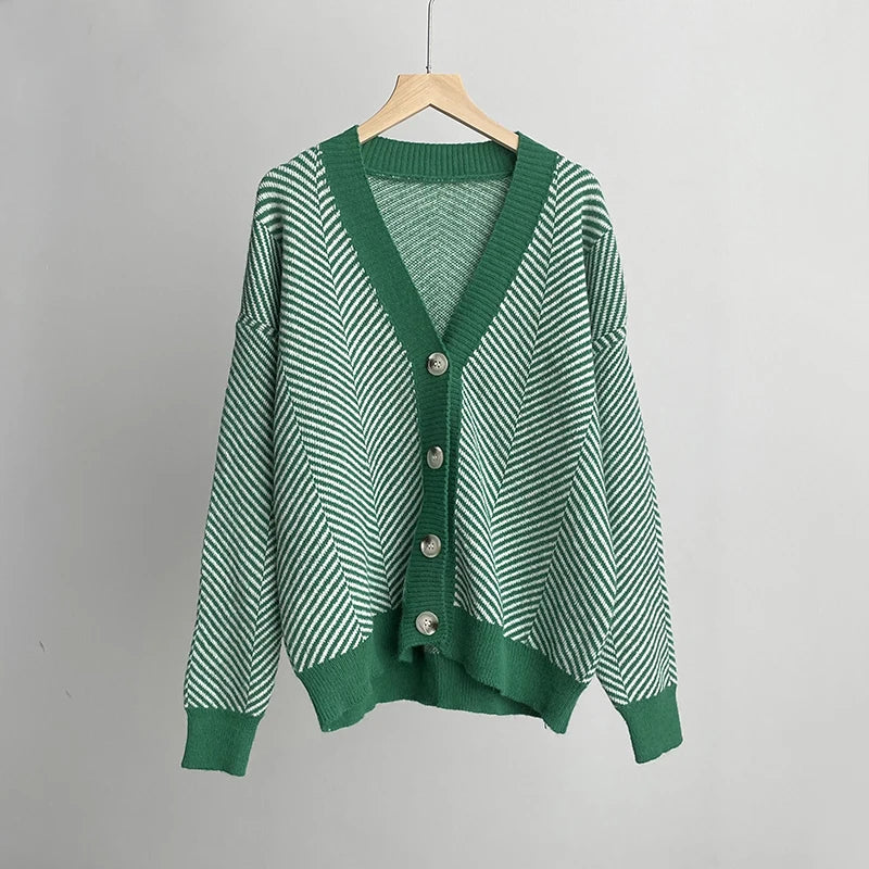 Herringbone Weaving Patter & Solid Trims Classic Cardigan | Chuzko.com