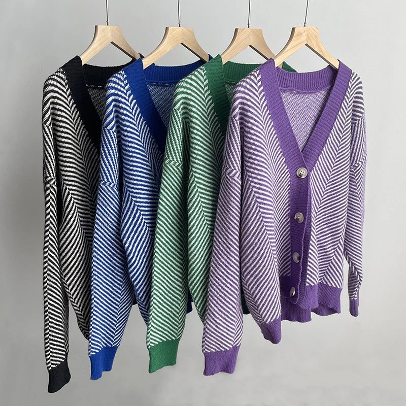 Herringbone Weaving Patter & Solid Trims Classic Cardigan | Chuzko.com