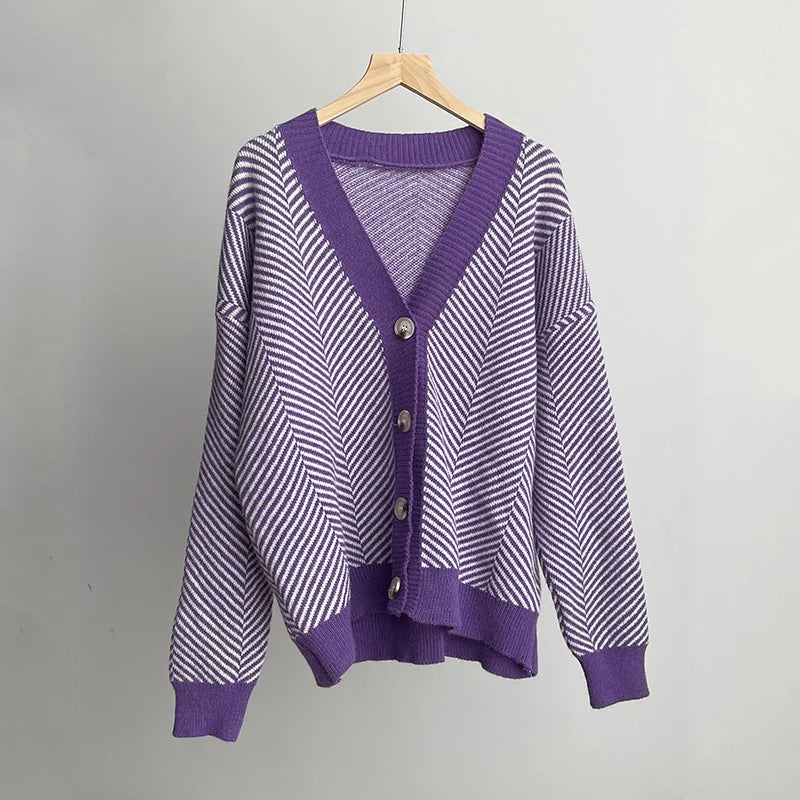 Herringbone Weaving Patter & Solid Trims Classic Cardigan | Chuzko.com