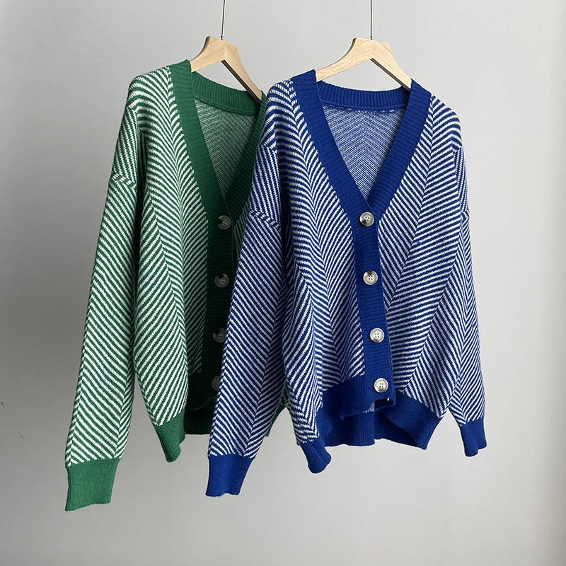 Herringbone Weaving Patter & Solid Trims Classic Cardigan | Chuzko.com