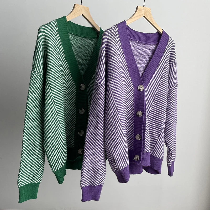 Herringbone Weaving Patter & Solid Trims Classic Cardigan | Chuzko.com