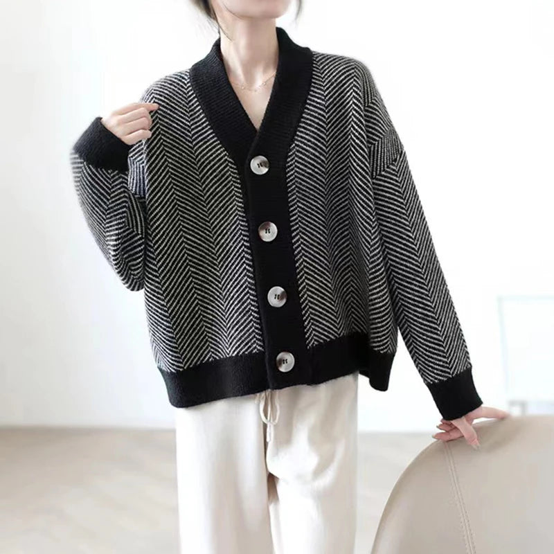 Herringbone Weaving Patter & Solid Trims Classic Cardigan | Chuzko.com