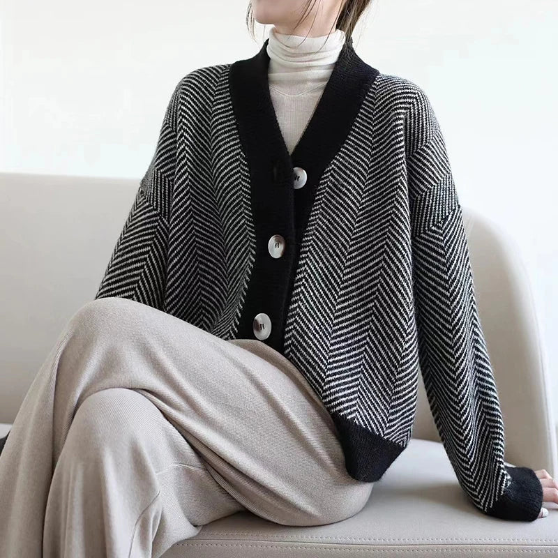 Herringbone Weaving Patter & Solid Trims Classic Cardigan | Chuzko.com