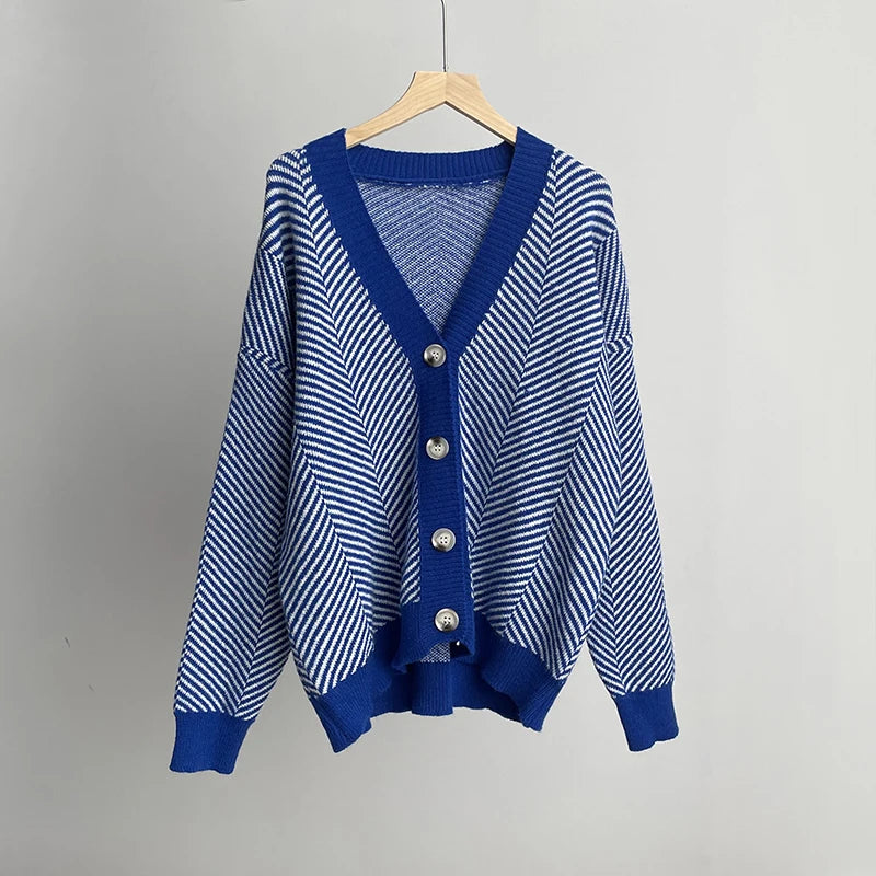 Herringbone Weaving Patter & Solid Trims Classic Cardigan | Chuzko.com