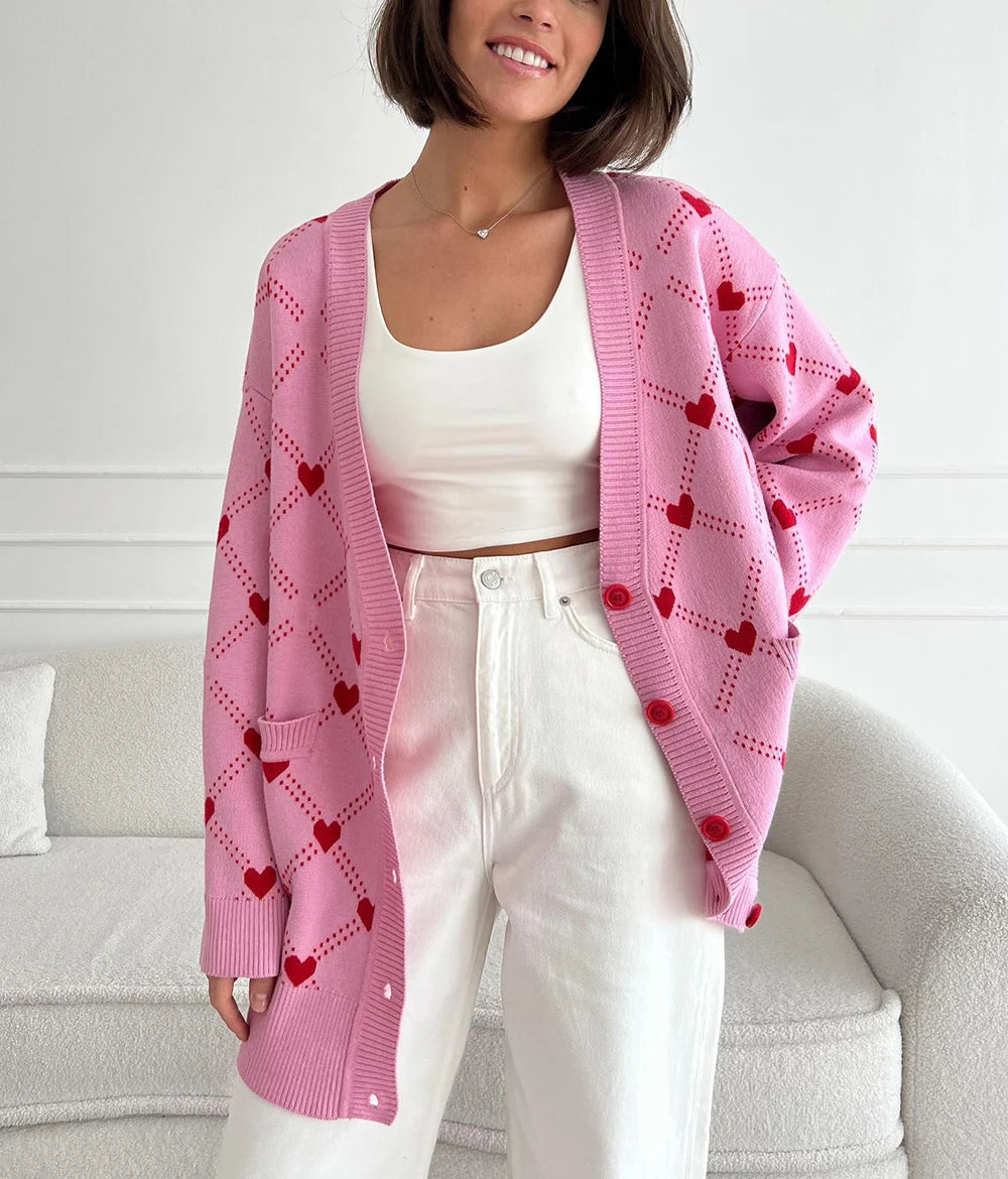 Vibrant Pink Argyle Knit Cardigan Cardigans | Chuzko.com