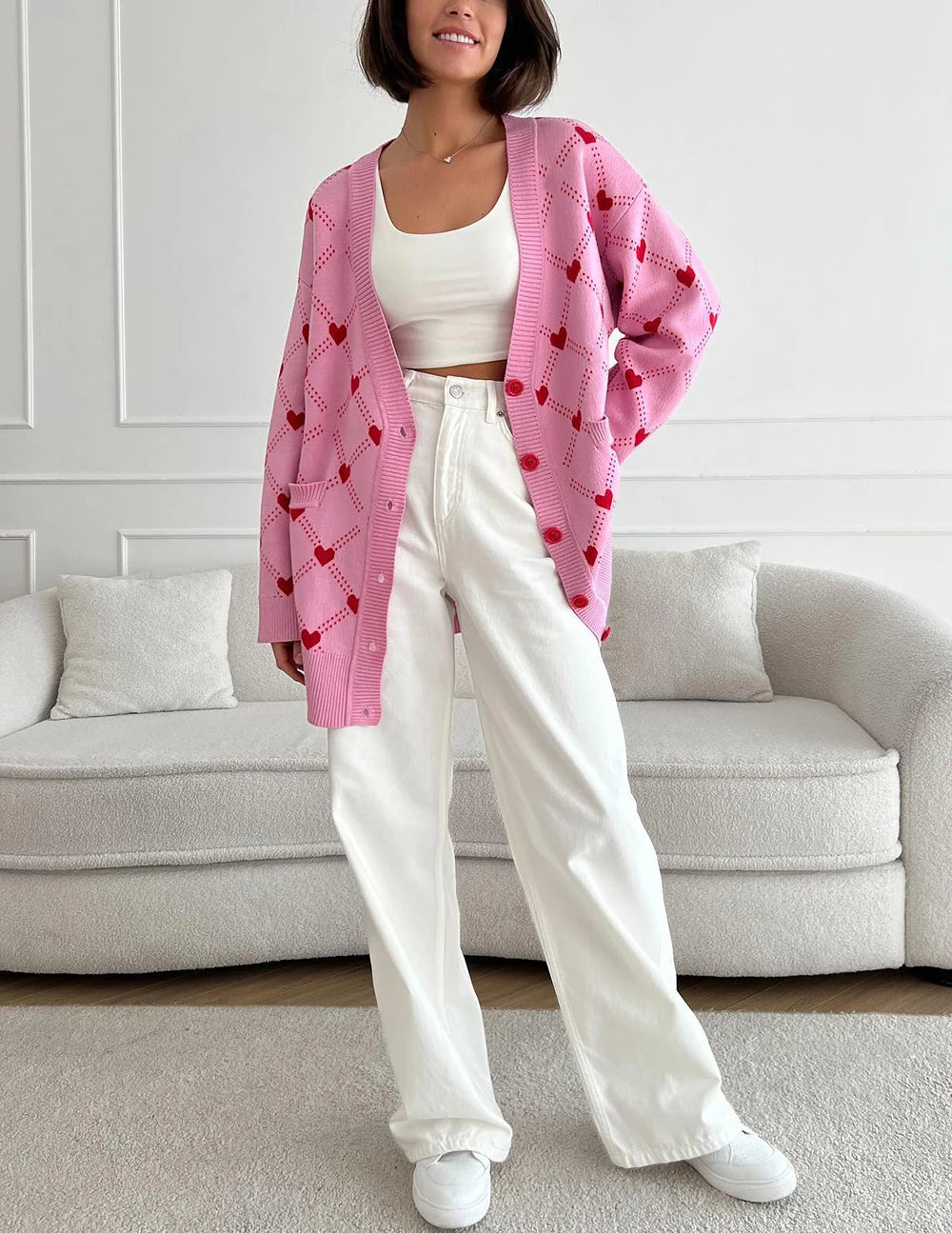 Vibrant Pink Argyle Knit Cardigan Cardigans | Chuzko.com