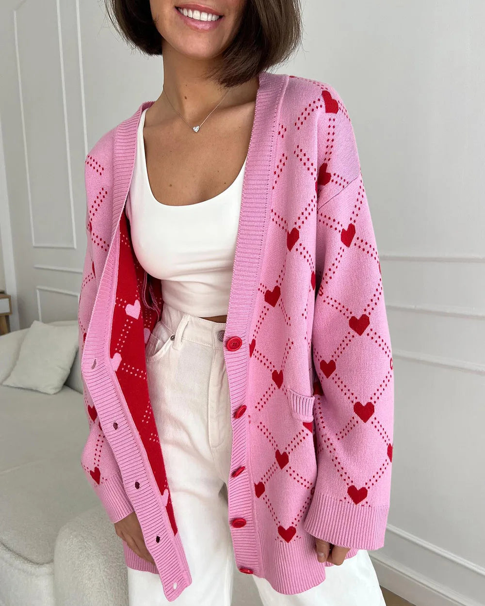 Vibrant Pink Argyle Knit Cardigan Cardigans | Chuzko.com