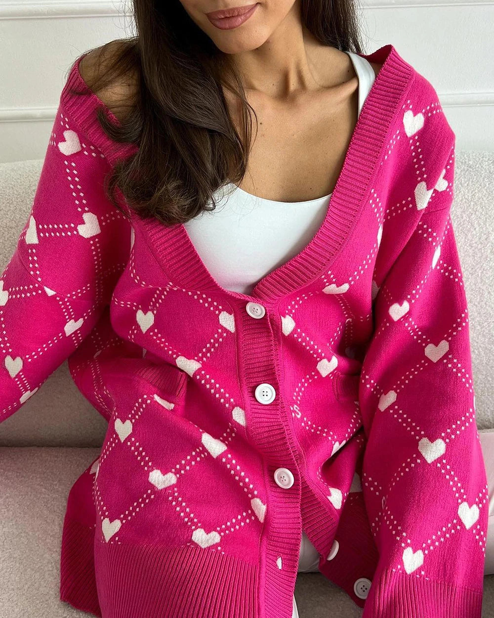 Vibrant Pink Argyle Knit Cardigan Cardigans | Chuzko.com