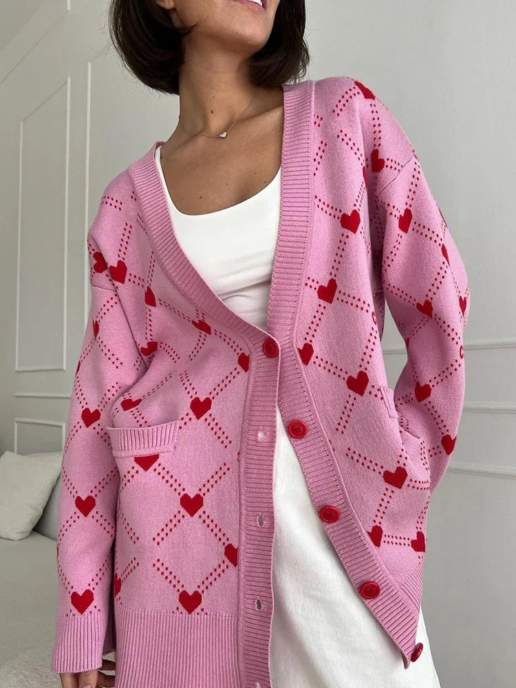 Vibrant Pink Argyle Knit Cardigan Cardigans | Chuzko.com