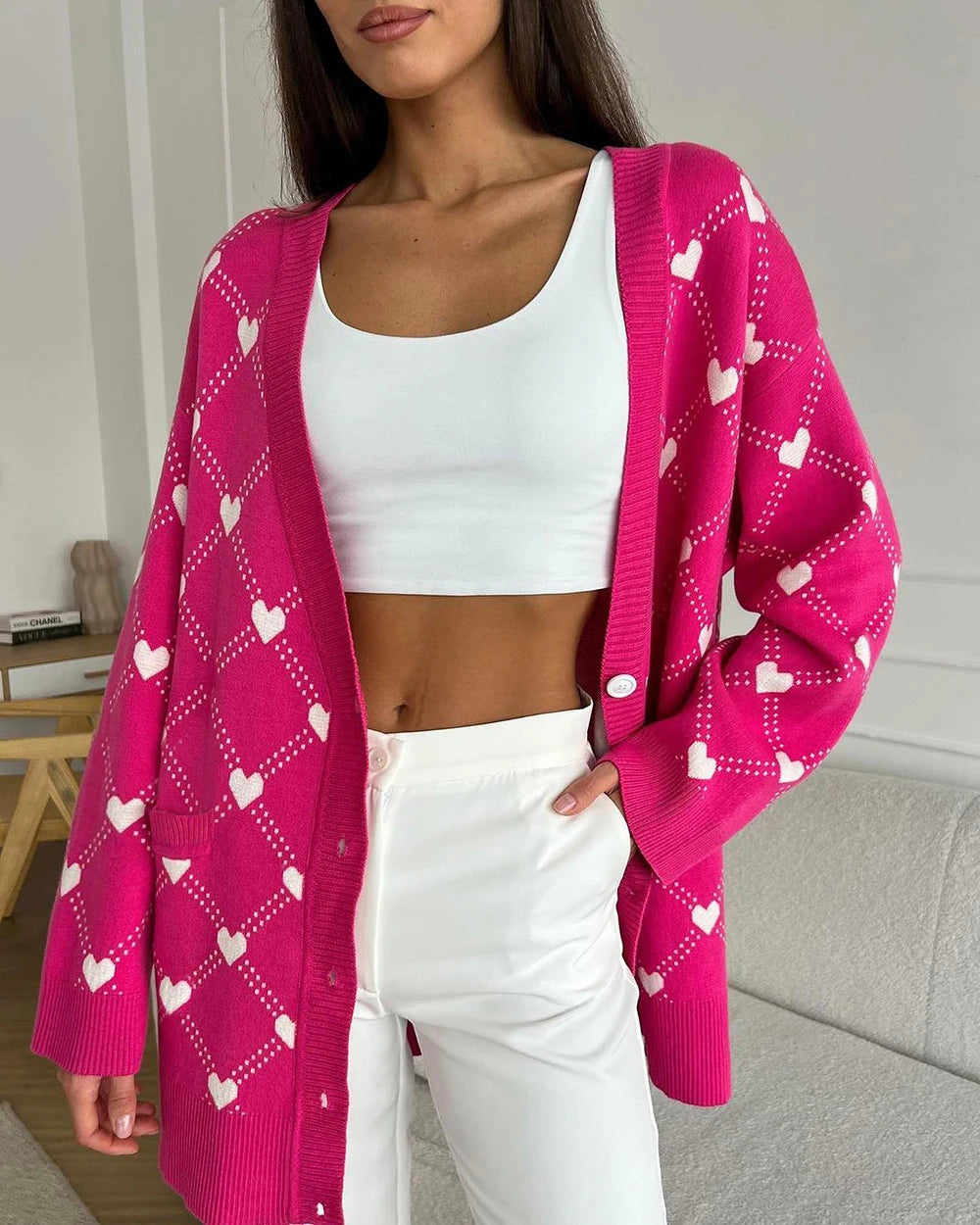 Vibrant Pink Argyle Knit Cardigan Cardigans | Chuzko.com