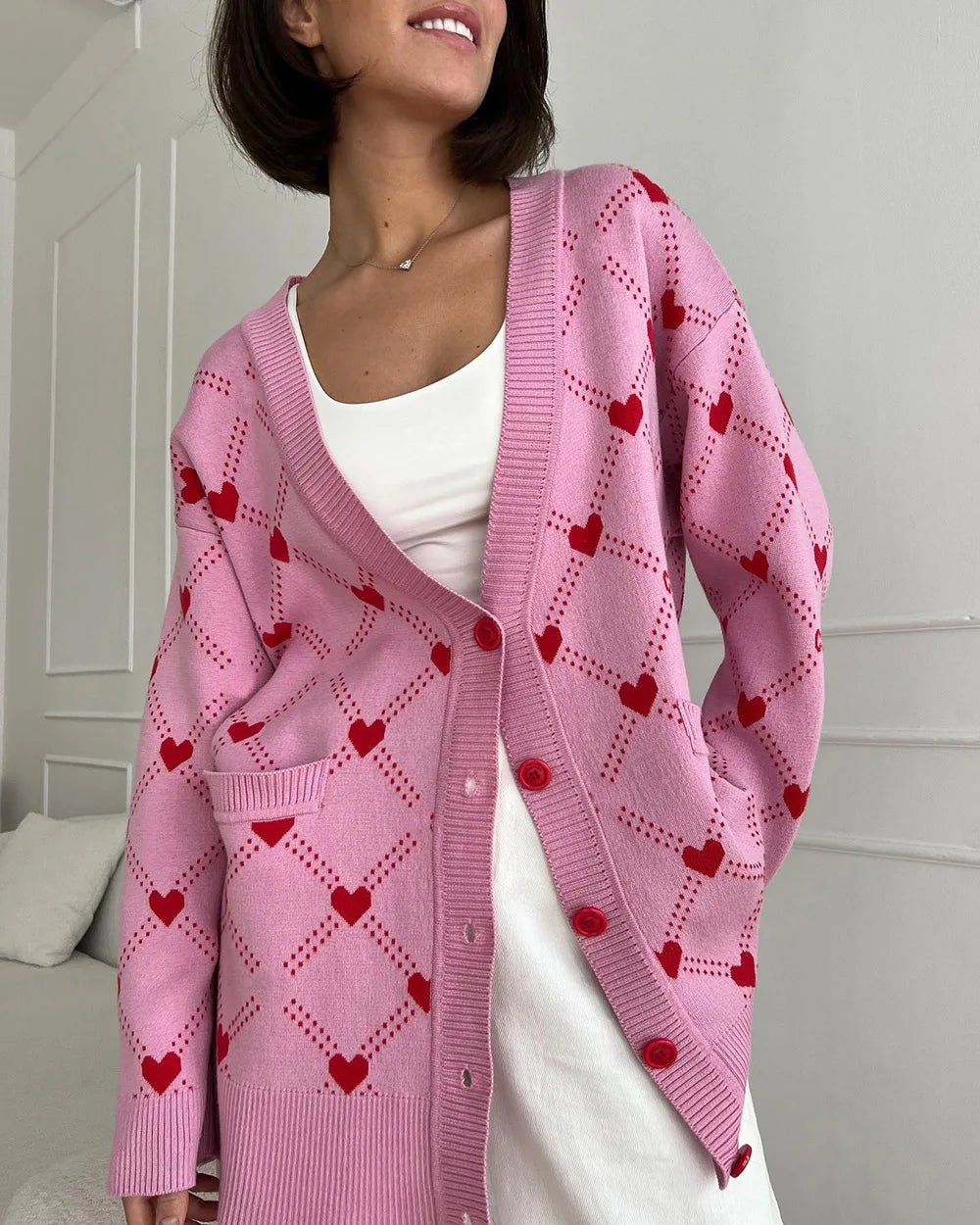 Vibrant Pink Argyle Knit Cardigan Cardigans | Chuzko.com