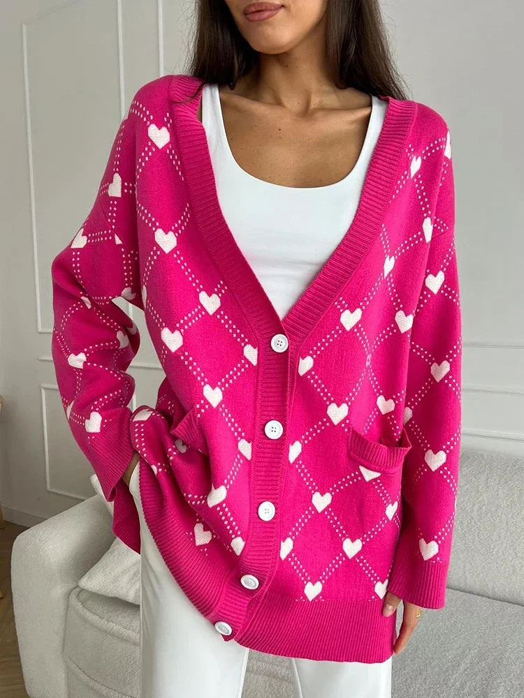 Vibrant Pink Argyle Knit Cardigan	