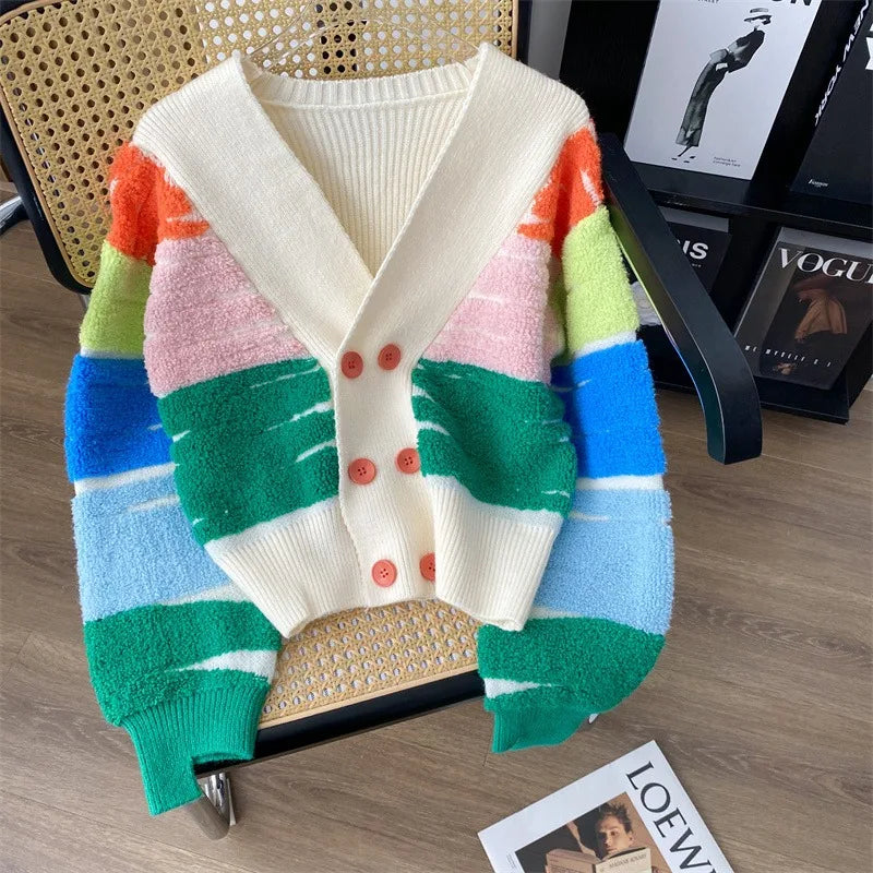 Rainbow Stripe Button-Up Cardigan	