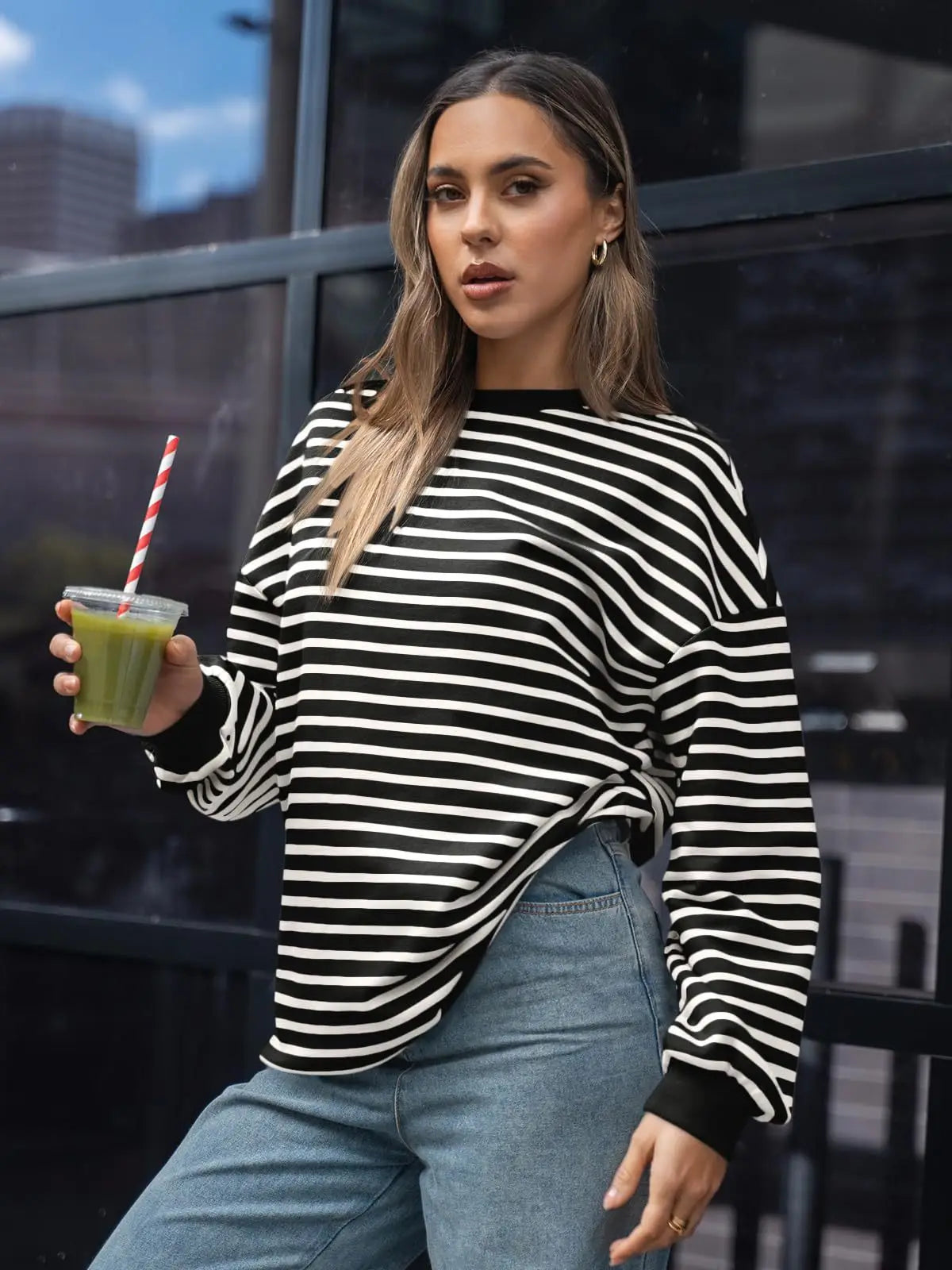 Casual Stripes Oversized Pullover Pullovers Sweatshirts | Chuzko.com