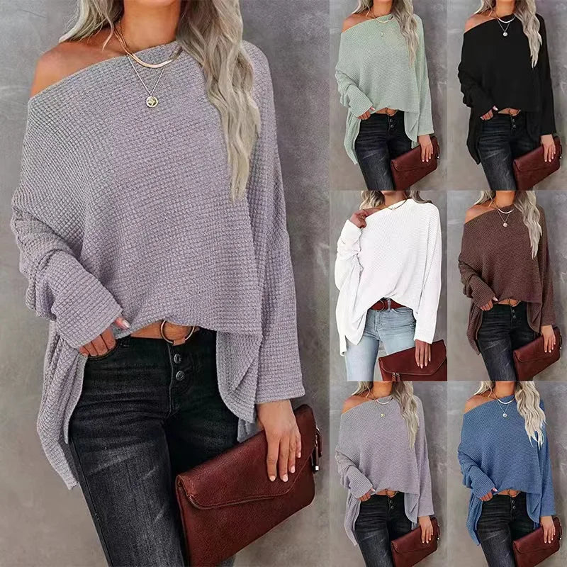 Asymmetric Hems Textured Knit Casual Top Pullover Blouses | Chuzko.com