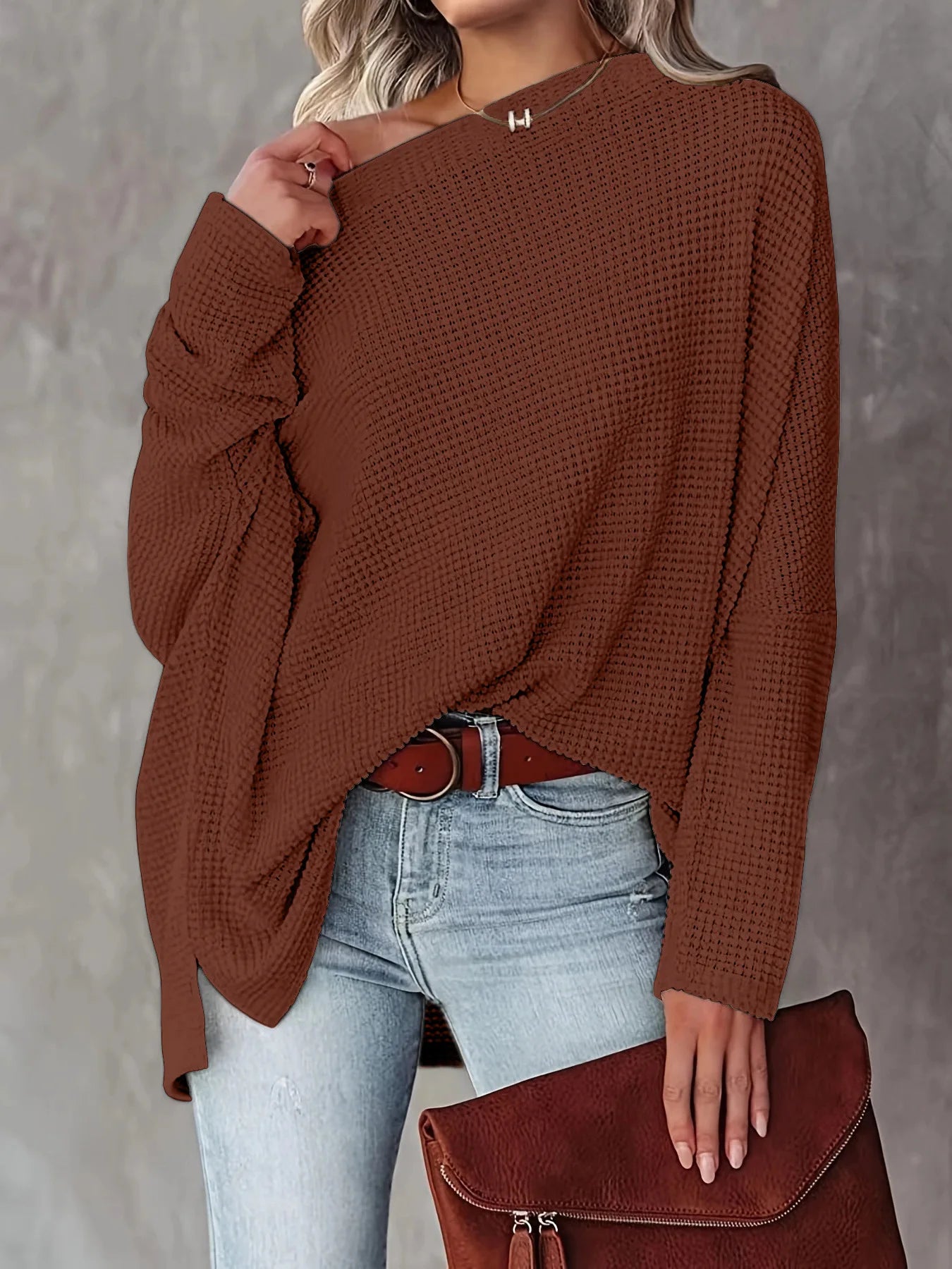 Asymmetric Hems Textured Knit Casual Top Pullover Blouses | Chuzko.com