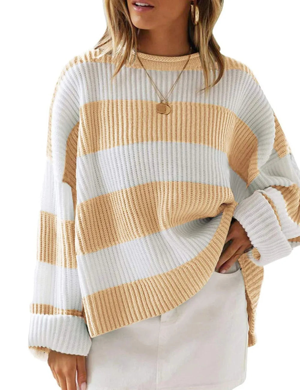 Casual Striped Chilly Season Oversized Pullover Sweater Pullover | Chuzko.com