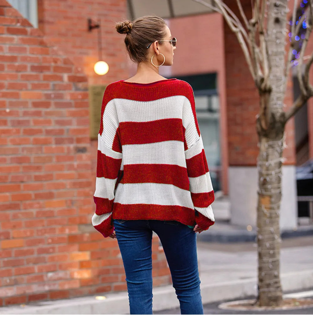 Casual Striped Chilly Season Oversized Pullover Sweater Pullover | Chuzko.com