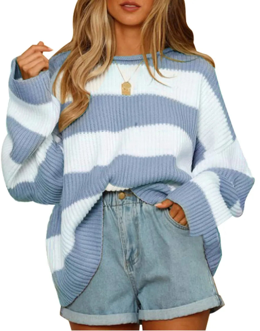 Casual Striped Chilly Season Oversized Pullover Sweater Pullover | Chuzko.com