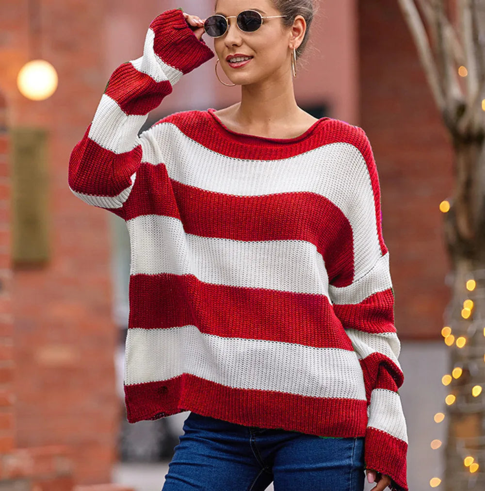 Casual Striped Chilly Season Oversized Pullover Sweater Pullover | Chuzko.com