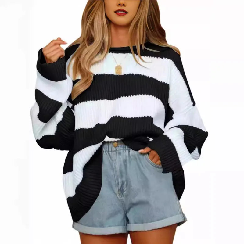 Casual Striped Chilly Season Oversized Pullover Sweater Pullover | Chuzko.com