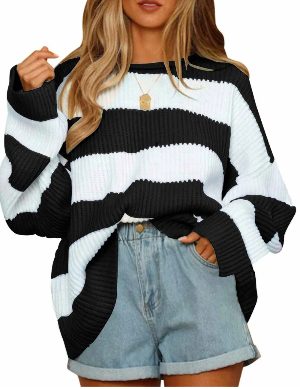 Casual Striped Chilly Season Oversized Pullover Sweater Pullover | Chuzko.com